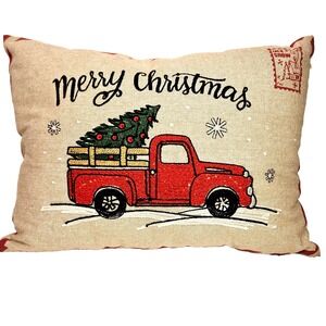 Merry Christmas Decor Throw‎ Pillow Red Truck Tree 18x12 Textured Zipper Closure